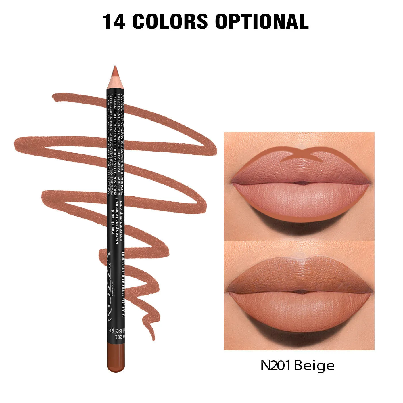 Matte lip liner in wood finish showing rich colour payoff with 14 shade options from 201 to 214