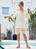 Apricot coloured women's hand-crocheted beach dress with full length design for swimming