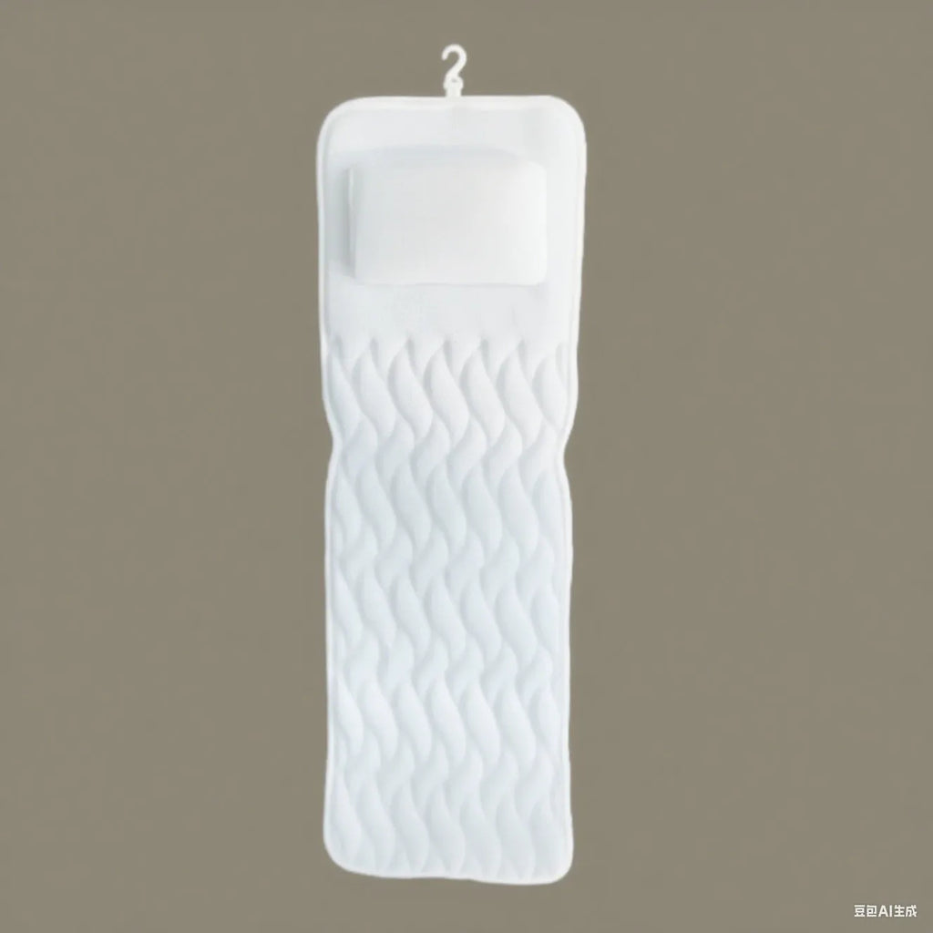 White 3D mesh bathtub pillow with seven suction cups showing dimensions 37x34x10cm