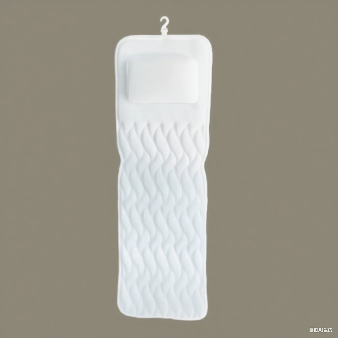 White 3D mesh bathtub pillow with seven suction cups showing dimensions 37x34x10cm