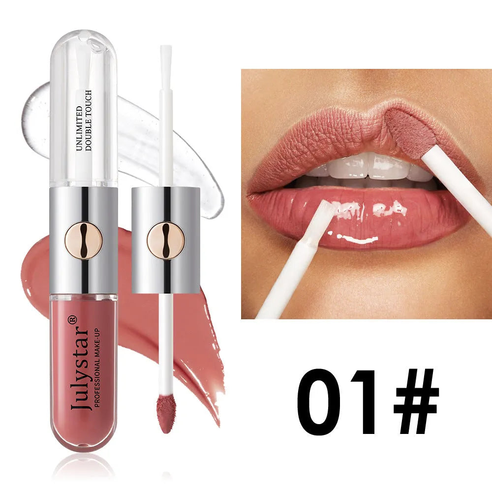 Women's lasting lip gloss tube showing available colours with 6ml moisturising formula