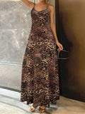 Dark brown leopard print sleeveless dress with round neck and shoulder strap design in milk silk polyester fabric