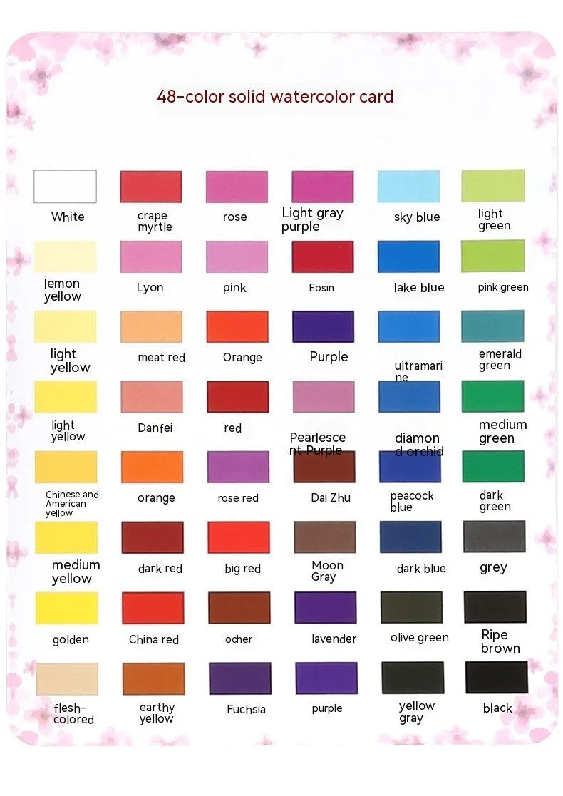 Box of 48 solid watercolour paints in various colours including black, pink, and blue.