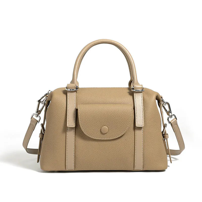 Genuine leather street trend ladies handbag with single shoulder strap in black, brown, or elephant grey.