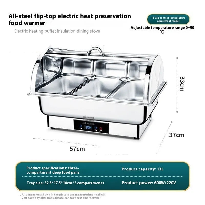 Stainless steel electric buffet food warmer with LCD screen and transparent flip-up lid