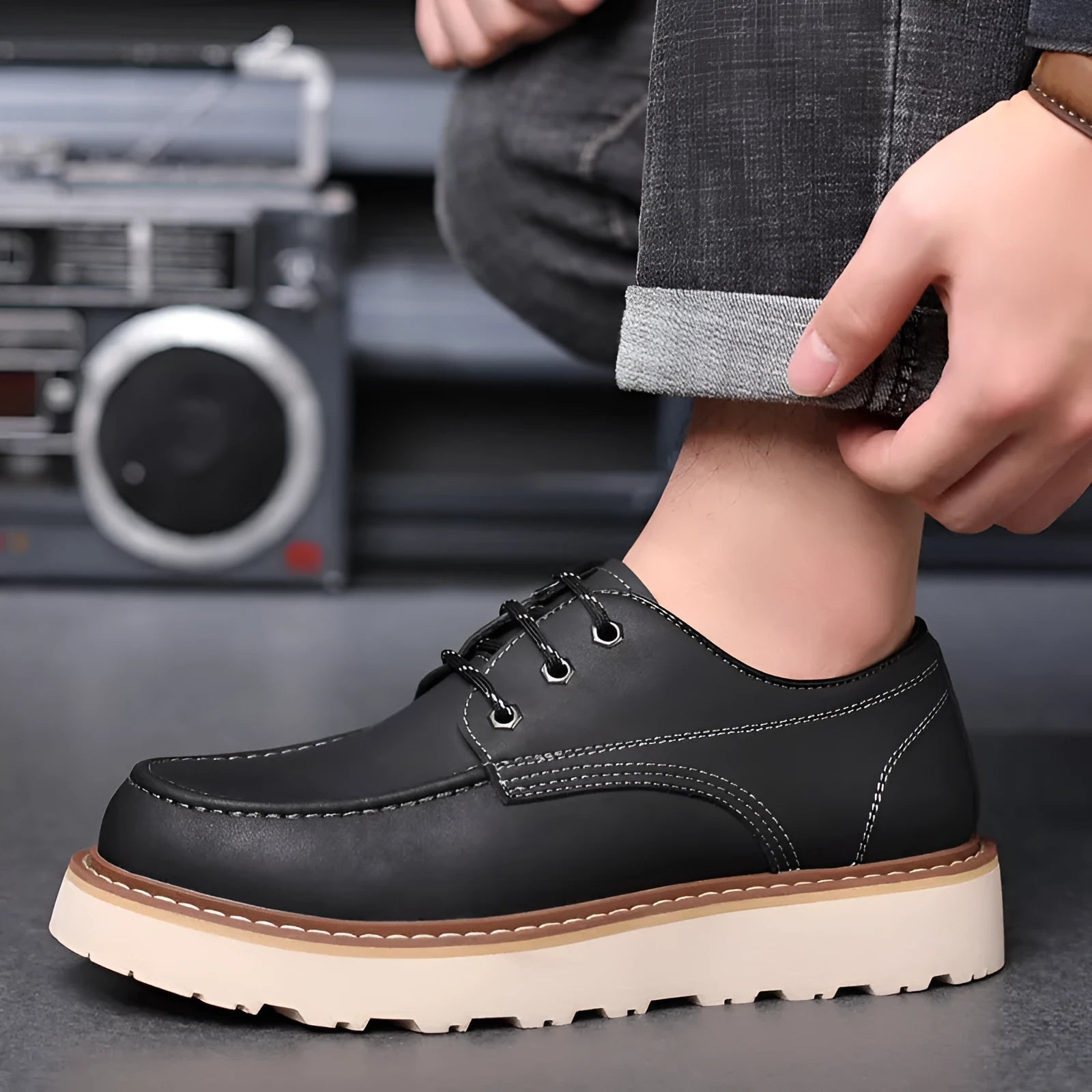 Men's black retro low-top Martin boots with a round toe and rubber sole.