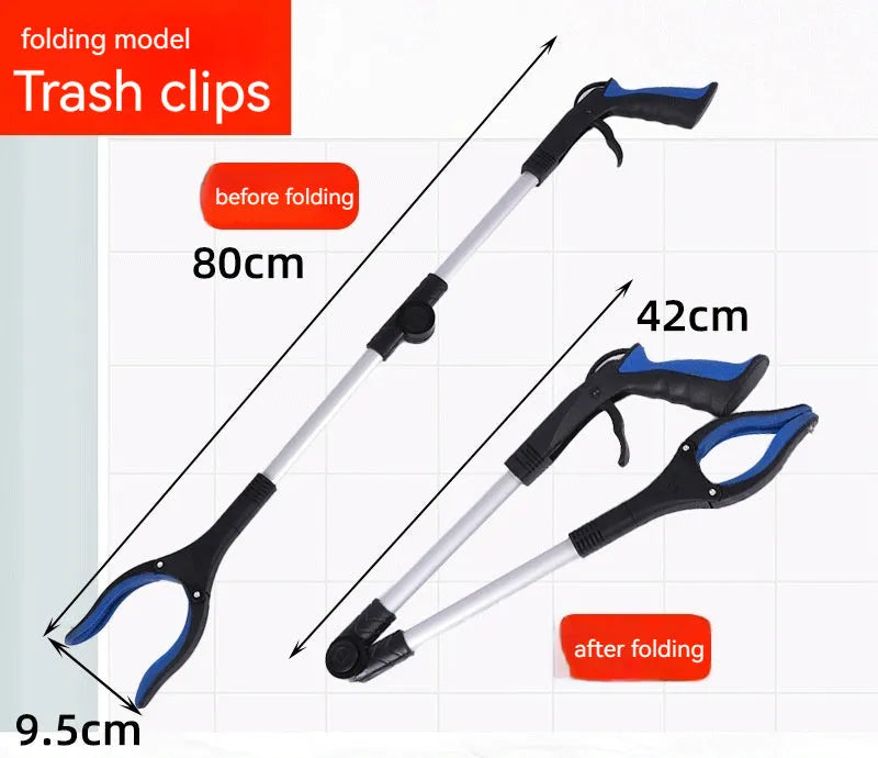 Foldable aluminium garbage clamp showing extended and folded positions with magnetic sucker and coloured handle options