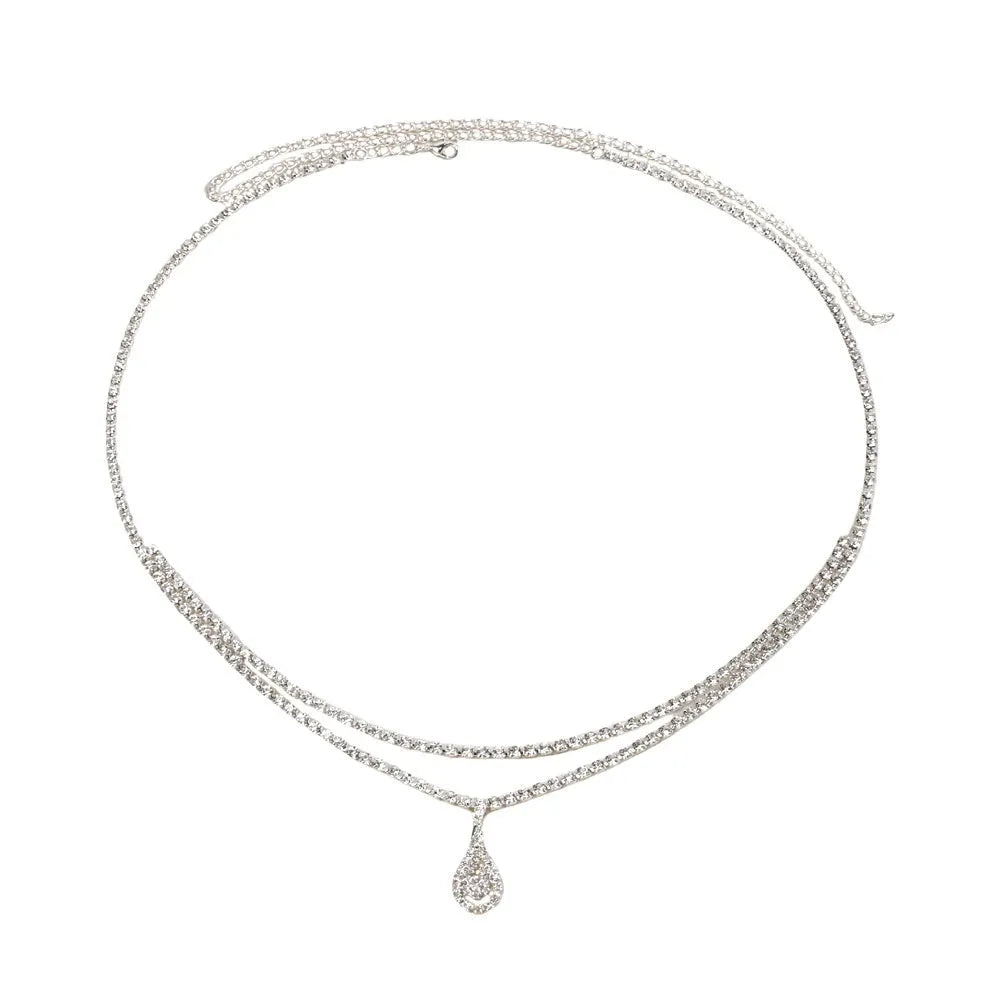 Gold or silver women's waist chain with water drop rhinestone pendant and tassel, 115cm long.