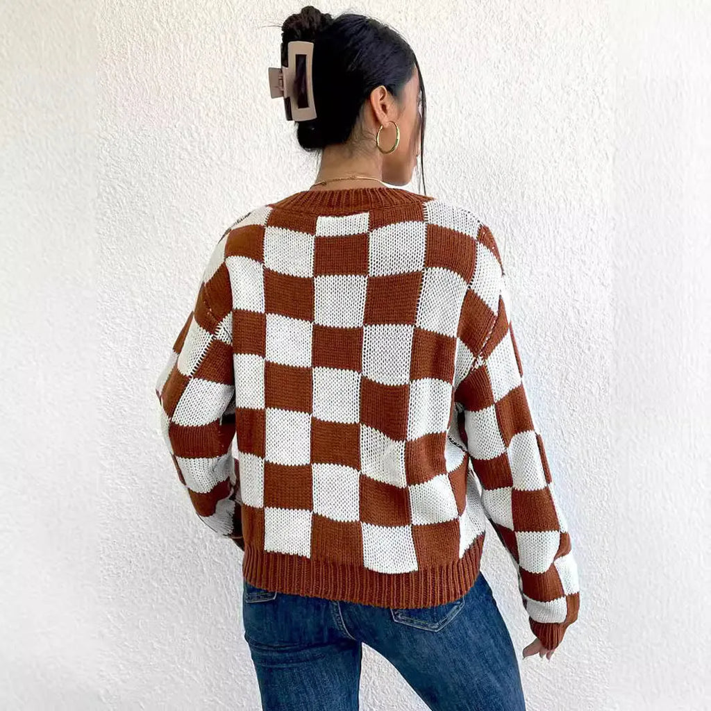 Dark brown plaid acrylic pullover sweater with loose round neck and long sleeves
