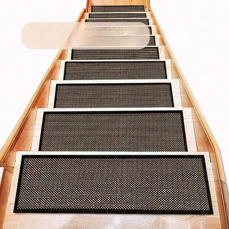 Japanese-style linen-look stair carpet with camel colour and rubber backing