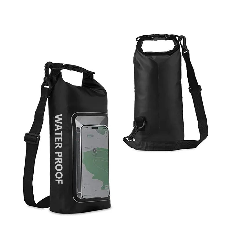Black waterproof crossbody PVC bag for mobile phones, shown in 2L and 5L sizes.