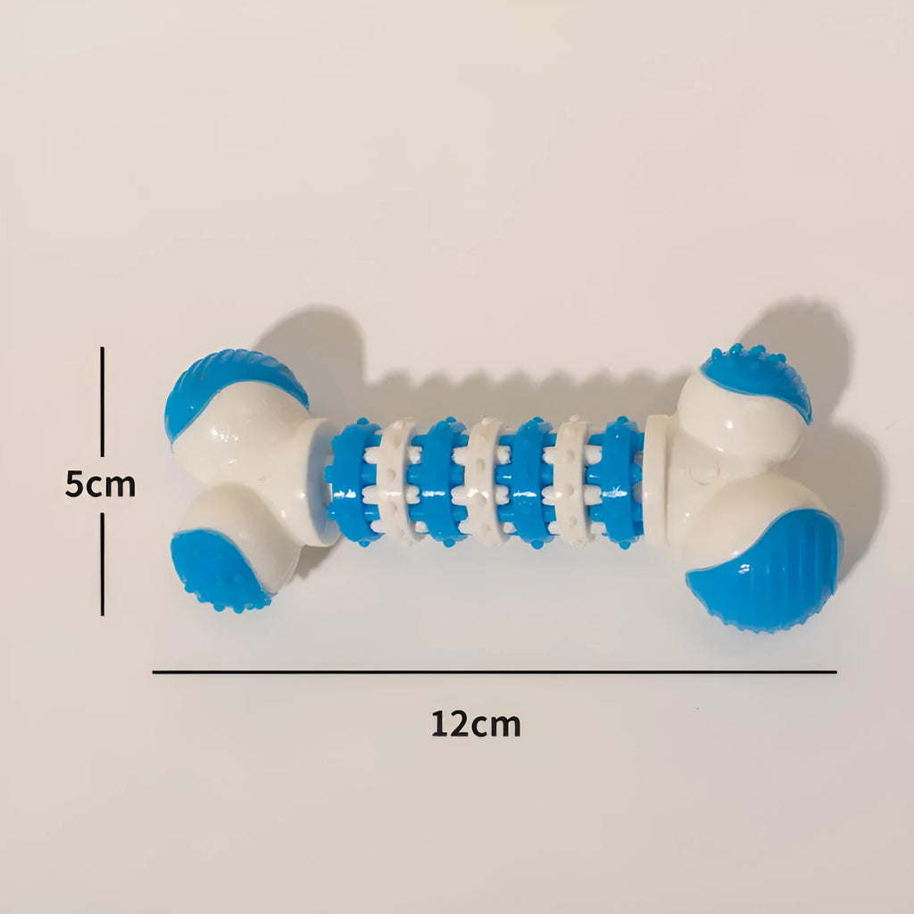 Blue bone-shaped interactive dog toy with treat compartment for small breed teething and chewing