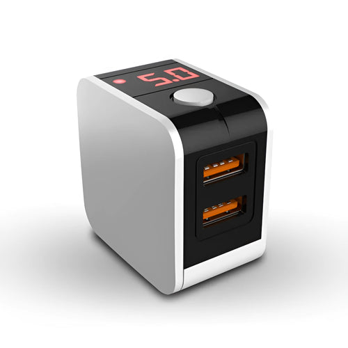 5V2A dual USB fast travel charger with digital display shown in black, next to EU and US plug options.