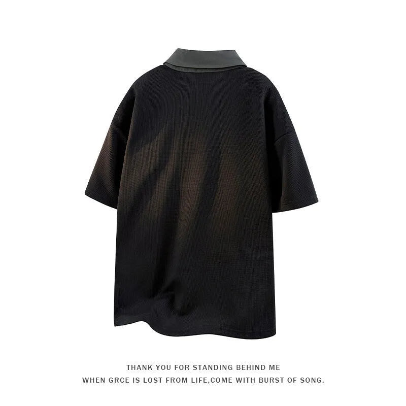 Men's heavy Henry collar polo shirt sweater in black and apricot colours with short sleeves