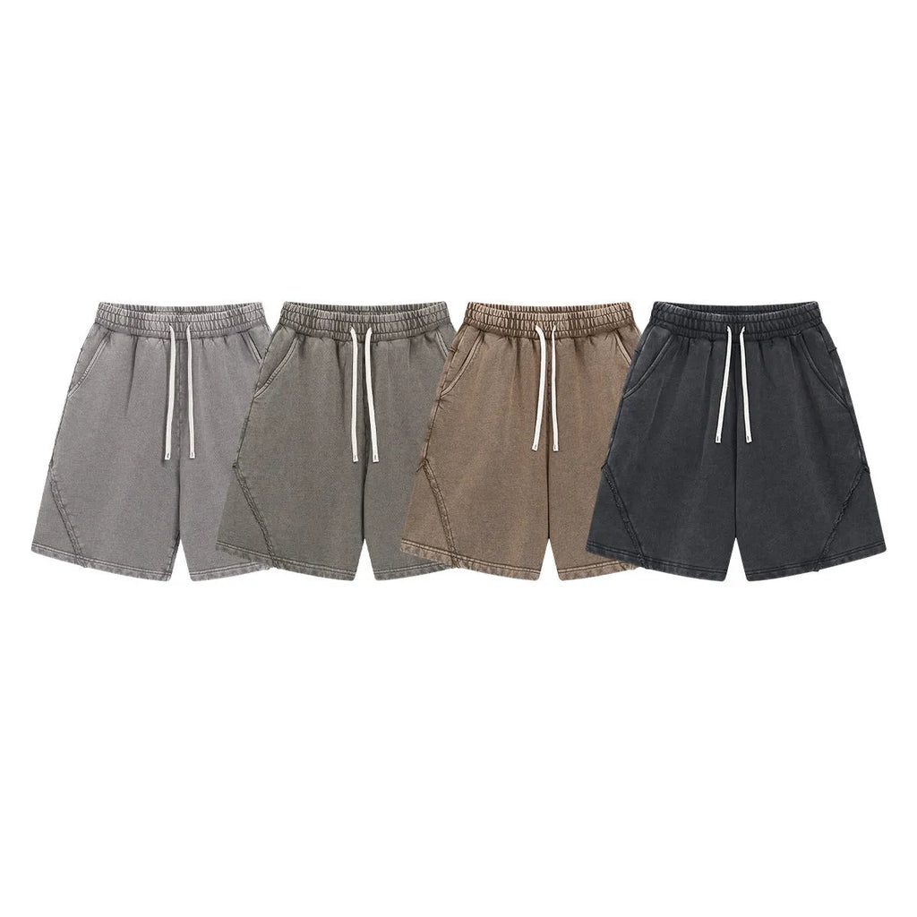 Men's batik washed patch craft shorts in pure cotton terry fabric with loose retro street style fit