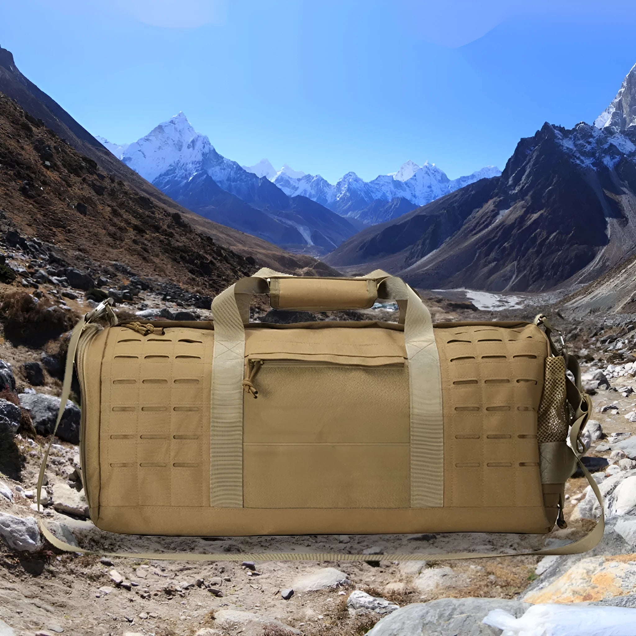 Men's khaki waterproof sports handbag with air pillow shoulder strap, showing 56x26x25cm size