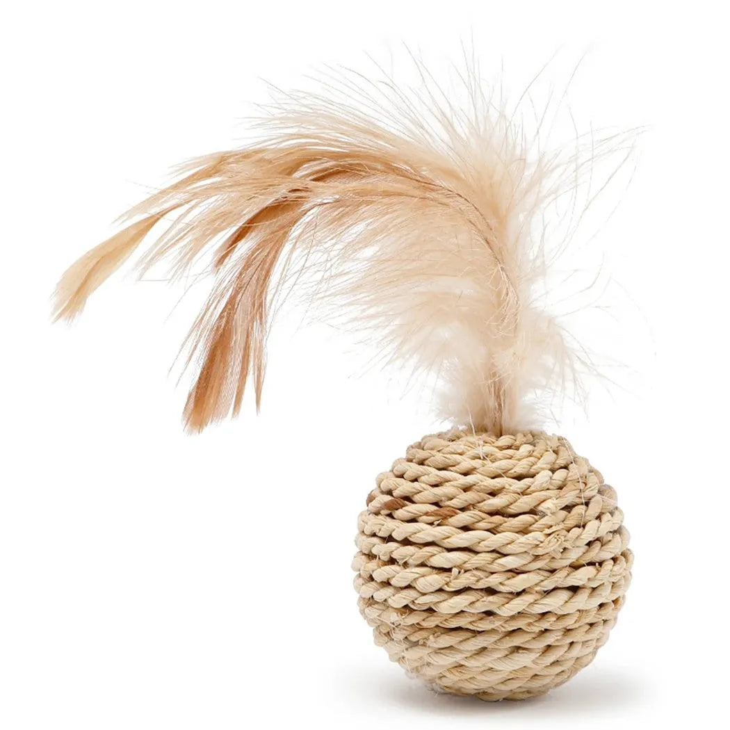 Two cat toys: hollow rattan ball with bell and colourful faux feather ball with plumes