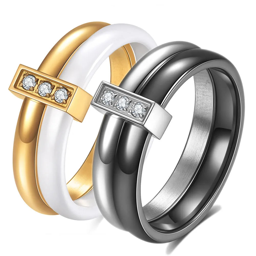 Ceramic geometric ring with glossy stitching inlaid zirconium in steel black colour