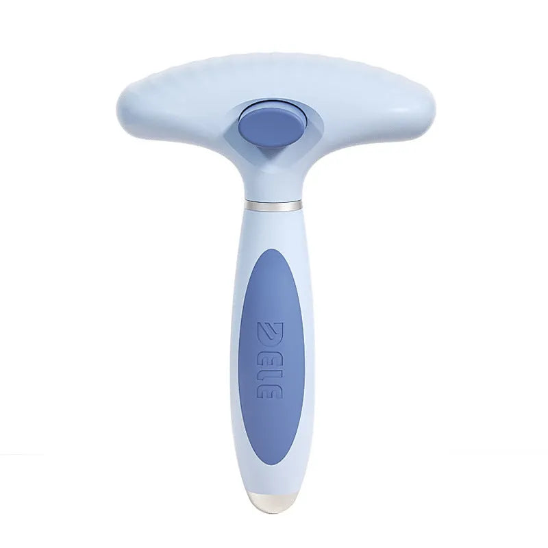Azure light blue stainless steel double-row pet grooming comb for dogs on white background