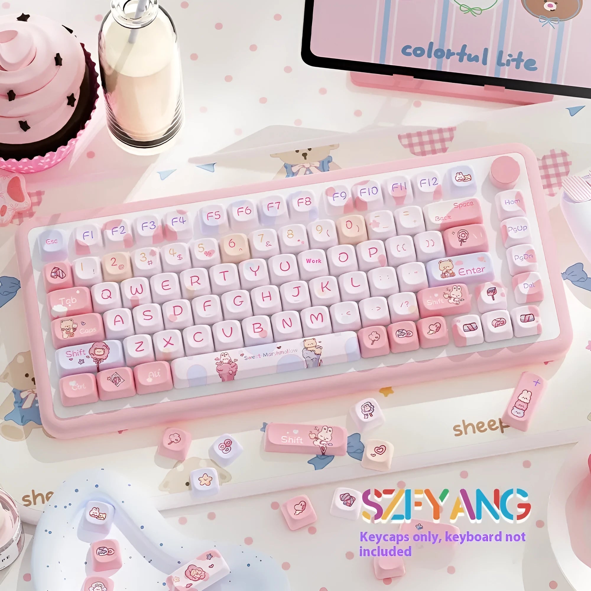 Sweet Cotton Candy pastel pink mechanical keyboard keycaps set with double-shot legends