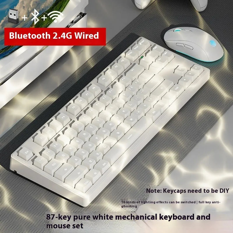 Triple-mode mechanical keyboard in various colour options showing 87-key and 108-key layouts