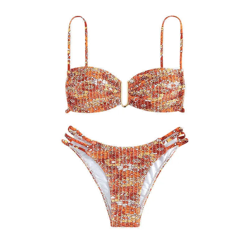 Women's high-waist floral bikini swimsuit in blue, orange, rose red, and pink colour options