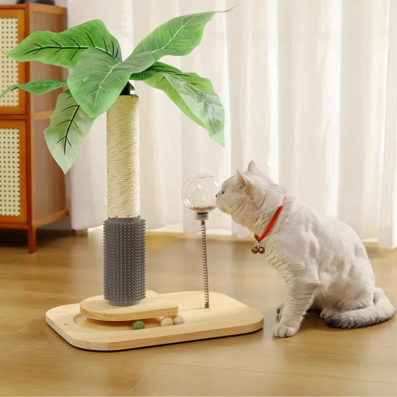 Wooden vertical cat scratching post in canna green colour with food drop ball feature