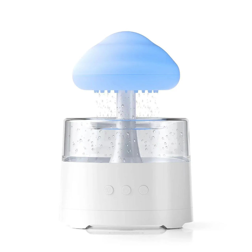 White resin mushroom cloud shaped desktop aroma diffuser with colourful light modes and USB cable
