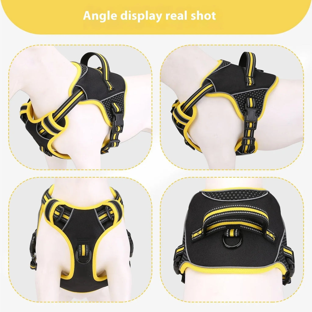 Yellow or orange polyester dog harness with traction strap for outdoor training control