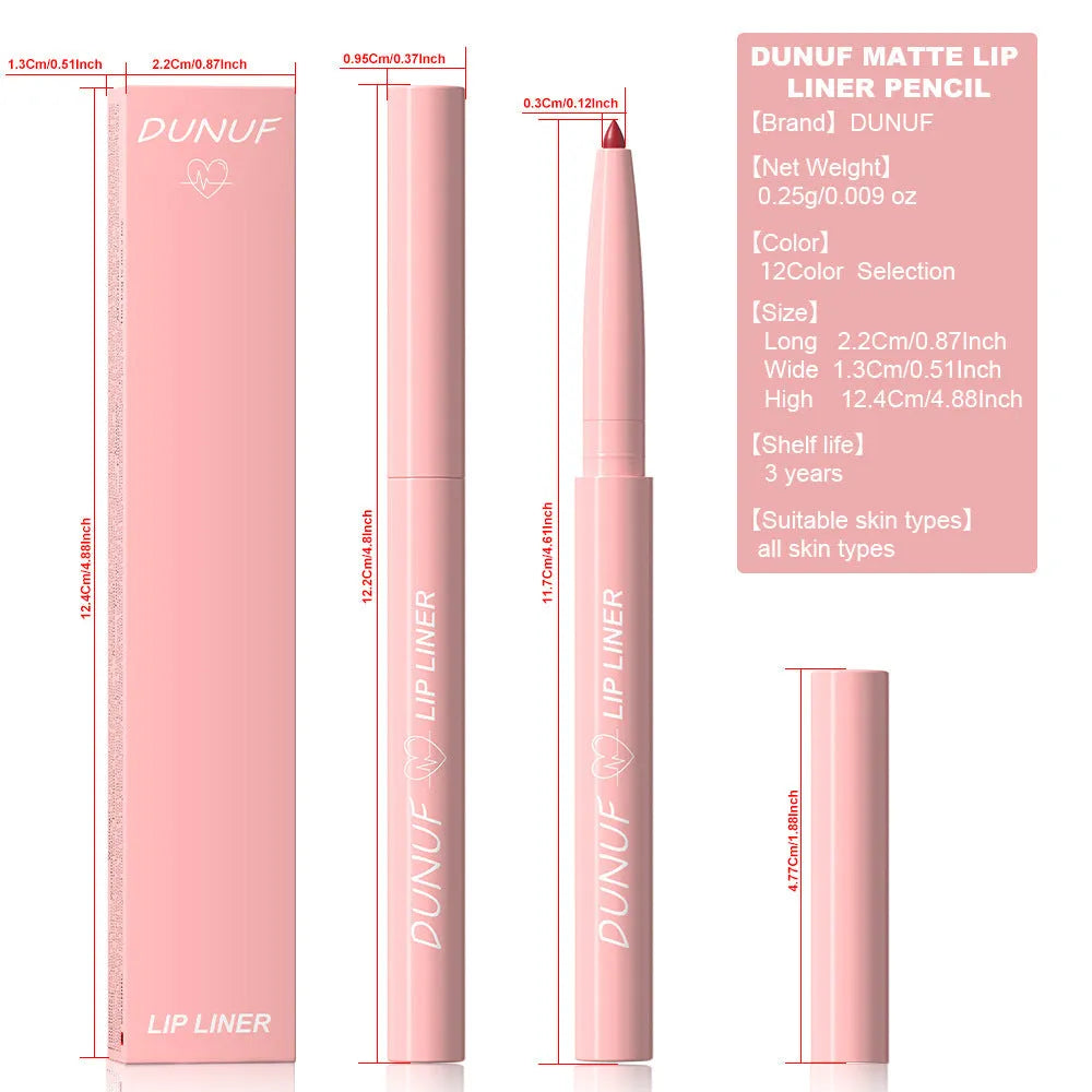 Velvet matte lip liner pencil in one of 12 available shades on a white background.