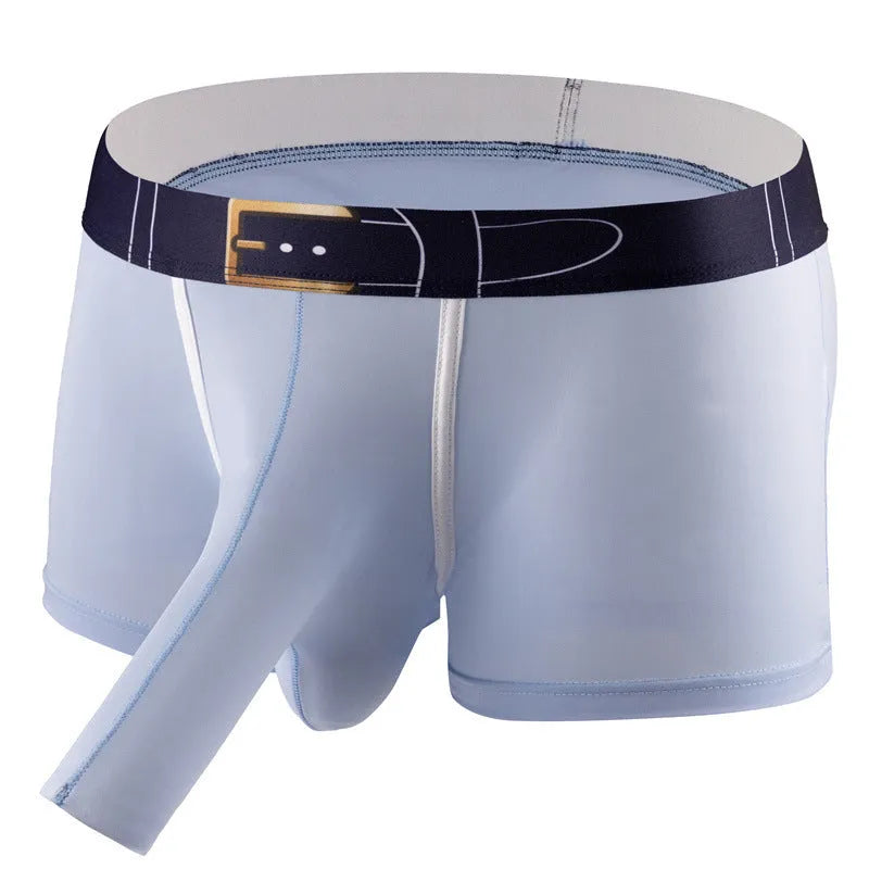 A pair of solid colour men's ice silk boxers laid flat, showing the mid waistband design.