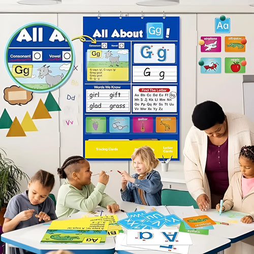 Large 60x40cm children's alphabet learning chart with word cards, letter cards and picture cards