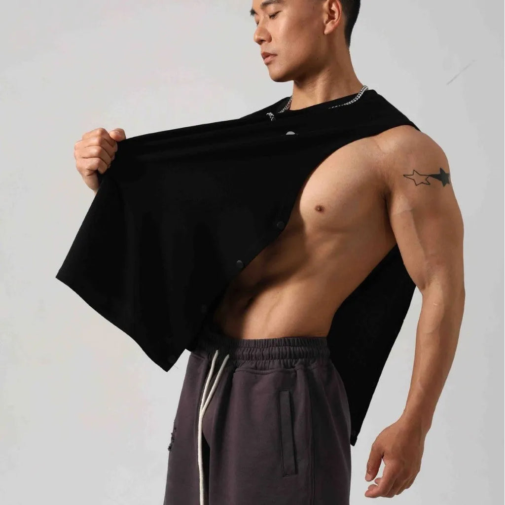 Men's black Korean style loose cotton fitness vest showing side hidden hook closure.