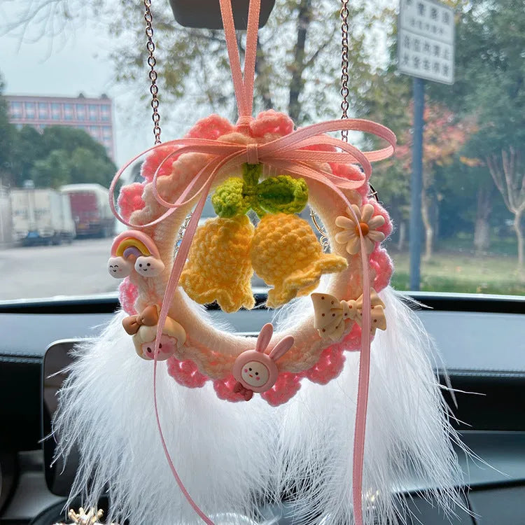 Woven wool bell orchid car hanger pendant in green colour with dream catcher accessory