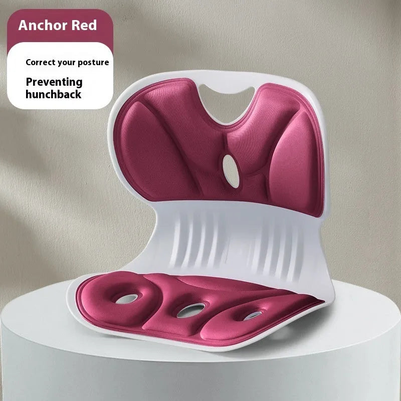 Memory foam backrest cushion with a securing strap shown in a grey colour on a chair.