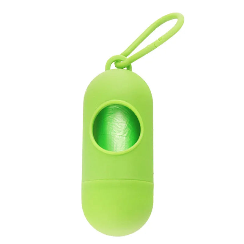 Small square dog waste bag dispenser with a metal side hook, shown in various colours.