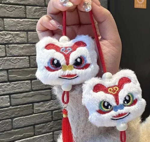 Chinese style blue plush lion keychain ornament with star stone and tassel
