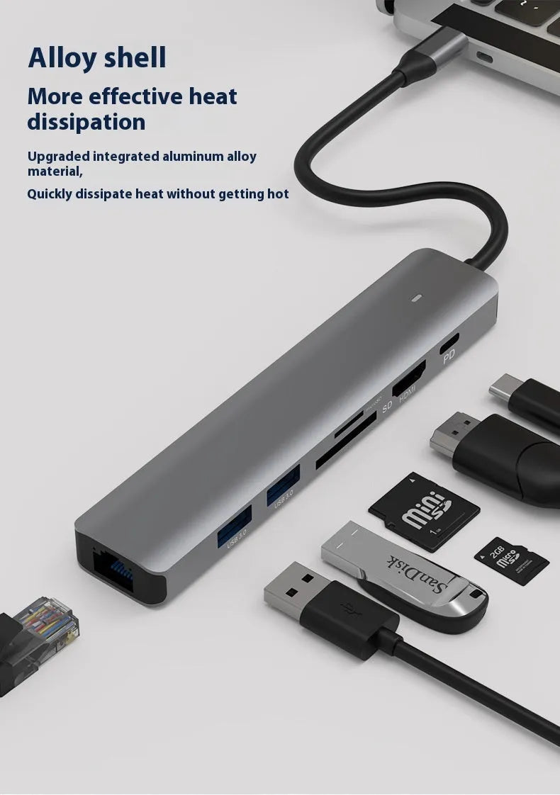 LQT-LH07 7-in-1 USB-C hub with HDMI port, USB-A ports, and SD/TF card reader slots for laptops.