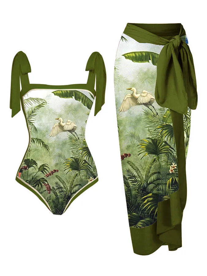 Women's floral print chiffon swimsuit with attached skirt in two-piece design