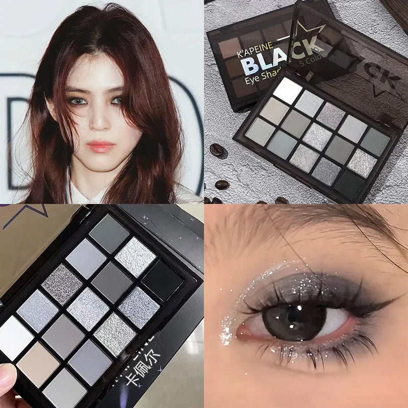 15-colour Night Elf eye shadow palette showing matte and shimmer pans in brown, blue, gray, and black shades.