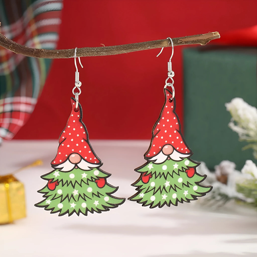 Women's wooden Christmas earrings with geometric tree and snowman shapes featuring Santa Claus elements