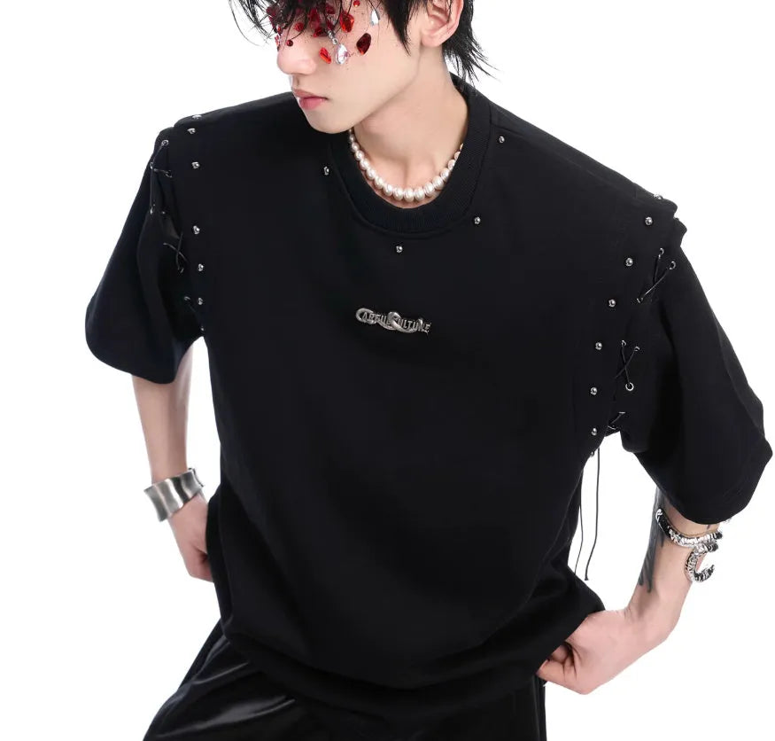 Black short sleeve T-shirt with a side cutout and white lace-up fastening detail.
