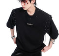 Black short sleeve T-shirt with a side cutout and white lace-up fastening detail.