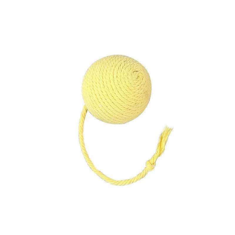 Green and pink soft plush cat toy balls with rope tails and internal bells