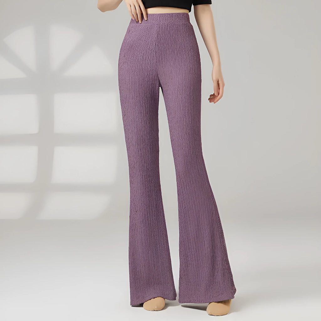 Women's solid colour classical dance practice pants in polyester fabric shown in beige apricot.