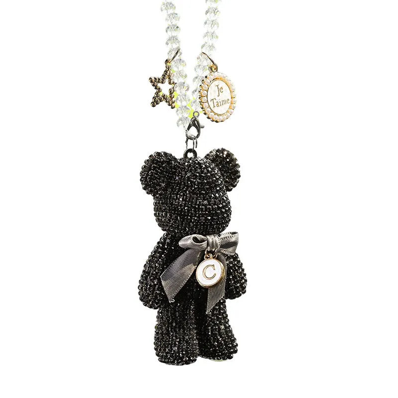 White violent bear car rearview mirror pendant with diamond rhinestones measuring 5x9cm