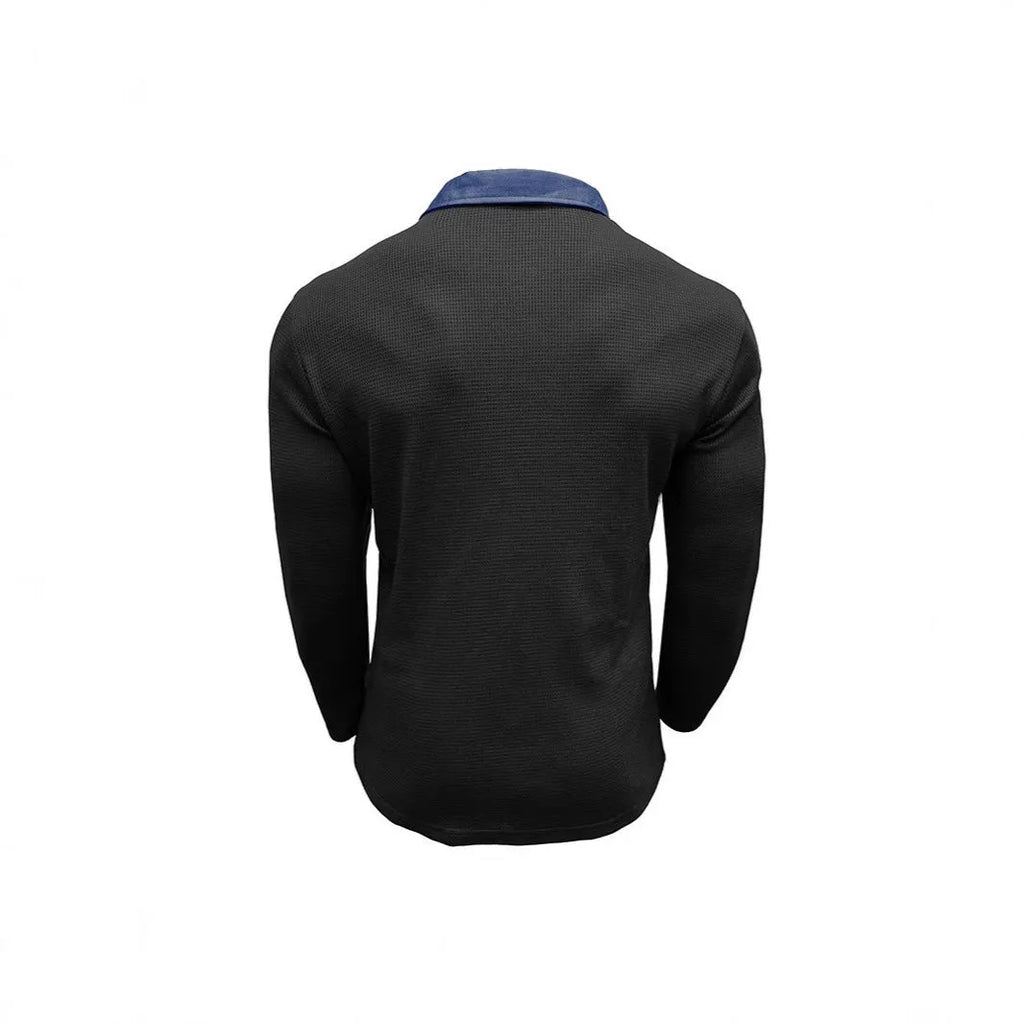 Men's long-sleeved waffle polo shirt in solid colour with asymmetric design details