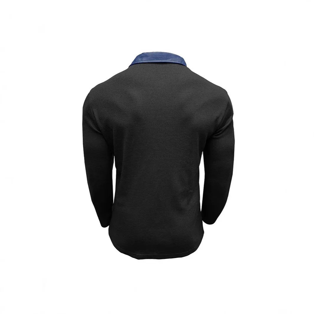 Men's long-sleeved waffle polo shirt in solid colour with asymmetric design details
