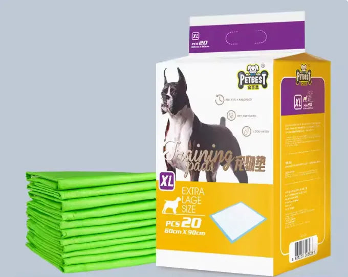 Pack of thickened dog urine pads showing adhesive strips and size comparison between S, M, L, and XL options