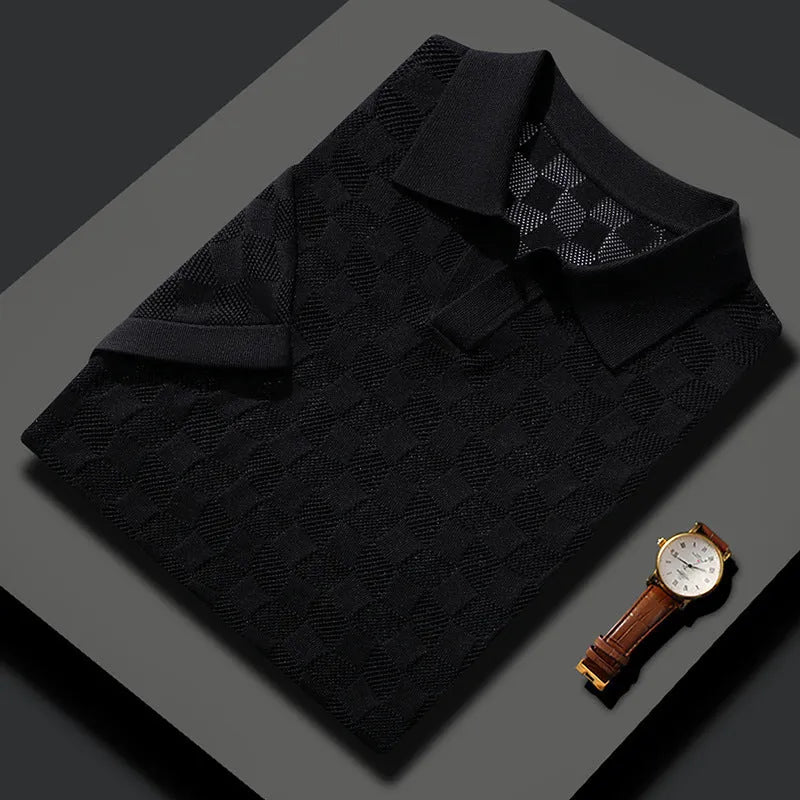Men's mulberry silk short sleeve lapel sweater in a solid colour on a hanger.